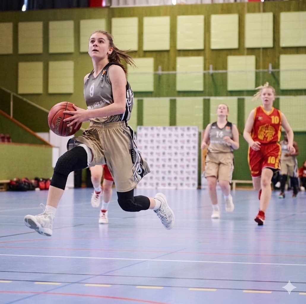 Ung spelare på väg mot korgen under en match